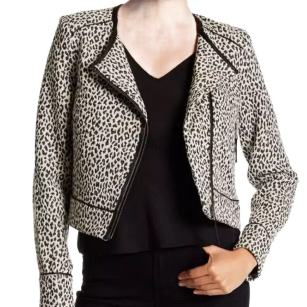 JOIE Cropped Moto Jacket Cheetah Animal Print Asym Zip Faux Leather Trim Size M
